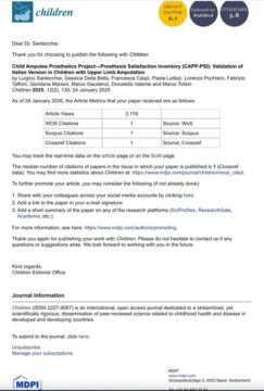 Email dell'ufficio editoriale della rivista 'Children' (MDPI) indirizzata al Dr. Santecchia. Il documento riporta le metriche dell'articolo sulla validazione della scala CAPP-PSI, indicando 2.119 visualizzazioni e citazioni nei database WoS, Scopus e Crossref al 24 gennaio 2026. In alto sono visibili l'Impact Factor di 2.1 e il CiteScore di 3.8 della rivista.